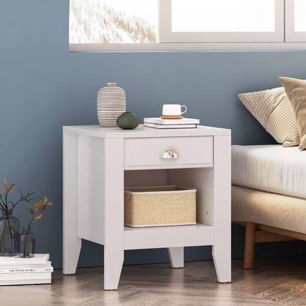 English Elm Christopher Knight Home® - Modern Nightstand with Drawer and Open Cubby, Faux Wood Mid Century Bedside Table, 2-Tier Storage Nightstand for Bedrooms, 21"W x 24.4"H White 70949.00WHI