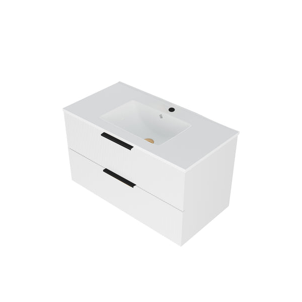 English Elm 36 Floating Bathroom Vanity with Ceramic Sink, Wall-Mounted 36" Modern Fluted Cabinet with Quiet Drawers Matte White 38.18 L x 22.83 W x 7.48 H W3520S00006