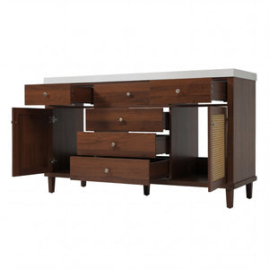 English Elm 60" Boutique Bathroom Vanity Rattan Doors Soft Close Drawers Smc Sink Pine Legs Brown N817P397678B