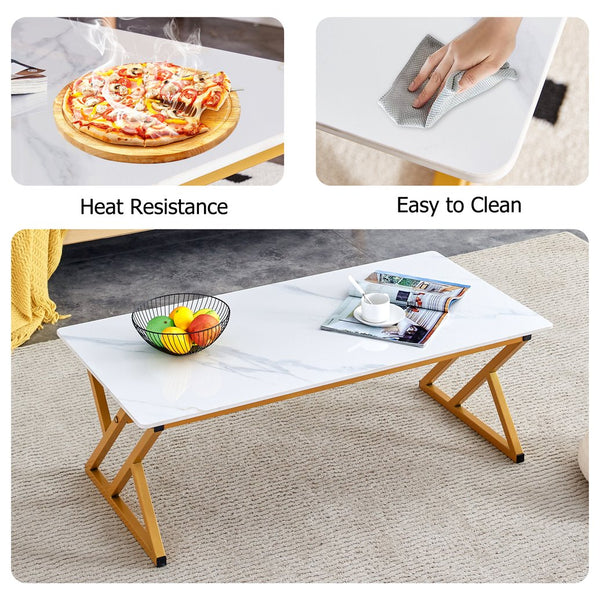 English Elm A Sintered Stone Top Coffee Table with Golden X Legs for Modern Living Rooms W1151P154282