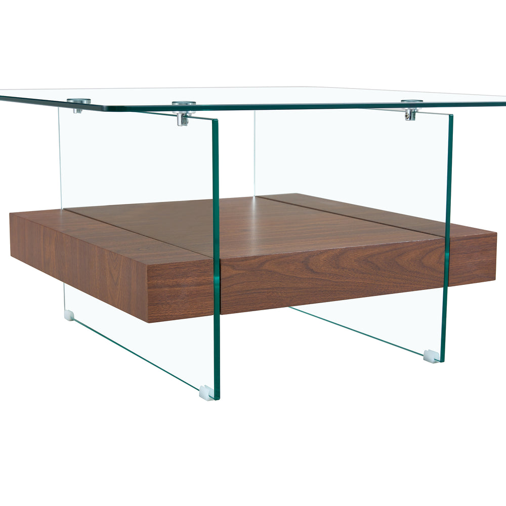 English Elm 31.4 Modern Two-Tier Square Coffee Table with Tempered Glass Top & Walnut Shelf — Stylish Storage W1512P407505