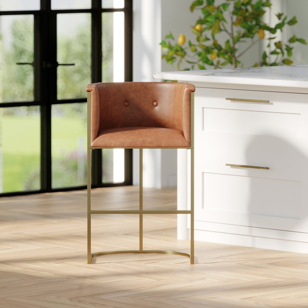 English Elm 26" Counter Stool Tufted Faux Leather Seat with Brass Metal Base for Kitchen Islands Brown Pu B2751P436481