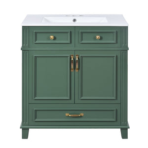 English Elm 30'' Bathroom Vanity with Sink - Retro Solid Wood Frame, Ceramic Basin, Soft-Close Doors & Ample Storage Green N710P190656F