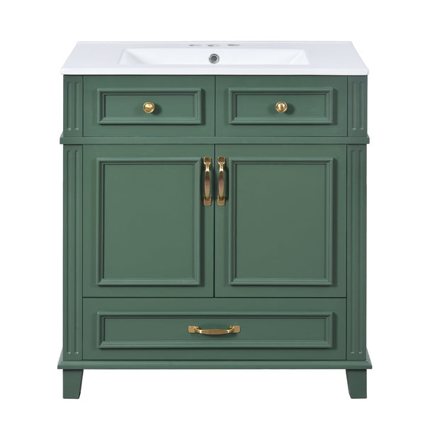 English Elm 30'' Bathroom Vanity with Sink - Retro Solid Wood Frame, Ceramic Basin, Soft-Close Doors & Ample Storage Green N710P190656F