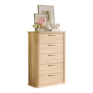English Elm 6 Drawer Tall Fluted Chest with Waveform Fronts Slim Wooden Storage for Modern Bedroom Oak T5326P425094