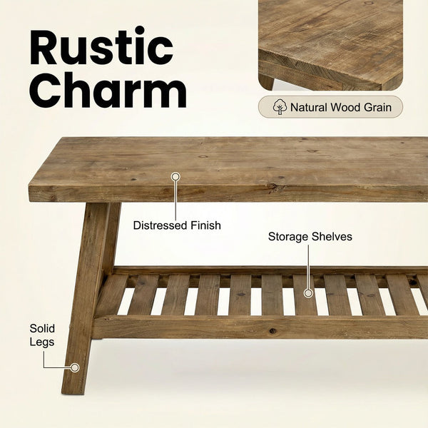 English Elm 43" Farmhouse Cedar Entryway Bench with Lower Shelf Distressed Rustic Wood Seating W3204P453623