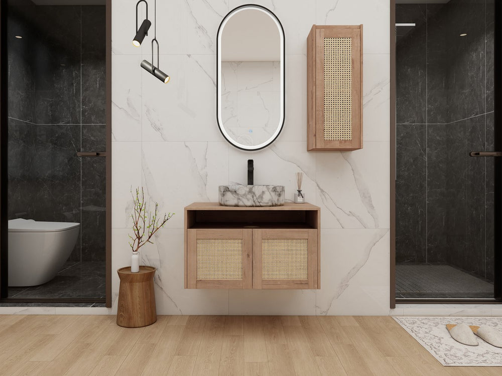 English Elm 30" Floating Bathroom Vanity Set with Ceramic Vessel Sink and Rattan Side Cabinet W999S00497