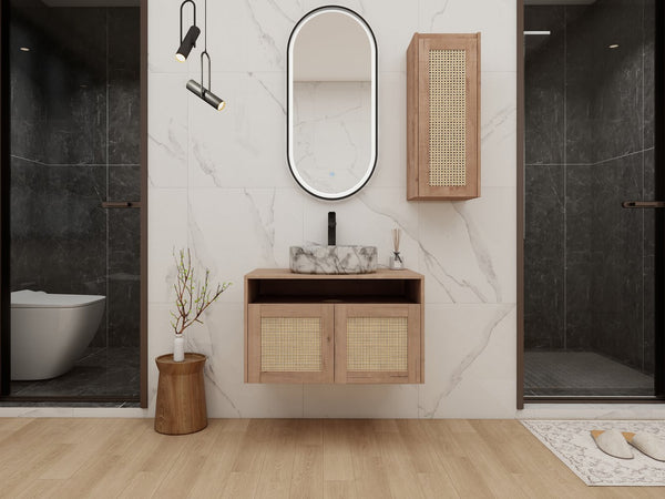 English Elm 30" Floating Bathroom Vanity Set with Ceramic Vessel Sink and Rattan Side Cabinet W999S00497