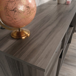 English Elm Credenza, Dark Gray finish – Spacious 65.25" storage buffet with adjustable shelves, cord management, drawers, versatile placement B356P367838