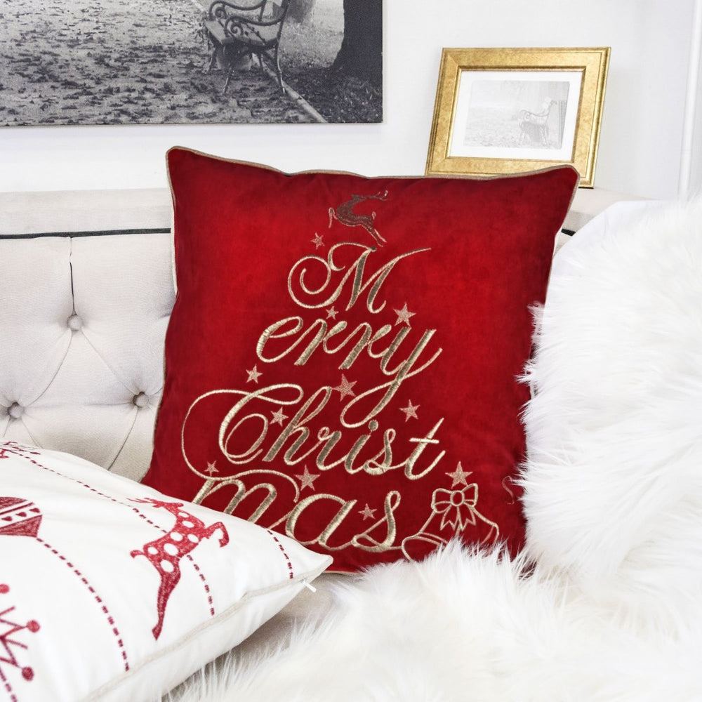 English Elm Red Velvet Christmas Throw Pillow – Luxurious 20X20 With Merry Christmas Embroidery & Cozy Support B357P361380-GIGA