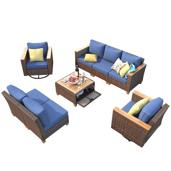 English Elm K&K 8-Piece Wicker Patio Set with 360° Swivel Rockers, Acacia Storage Table, Durable Cushions Blue+Brown N707S000016E