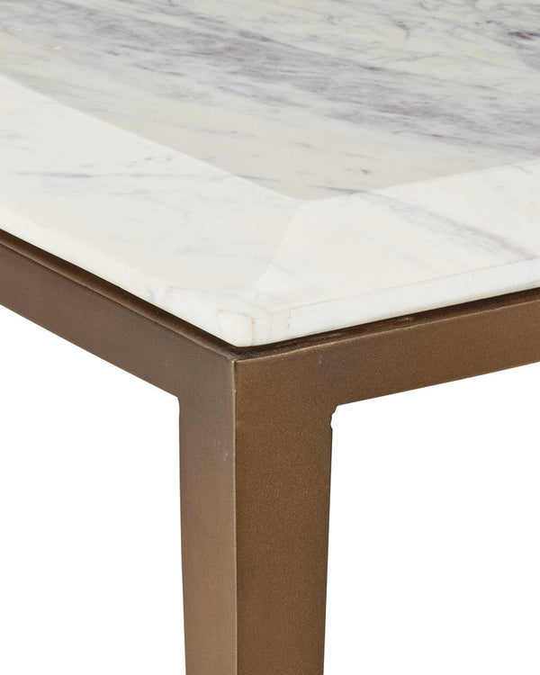 Currey & Company Oblique Marble Cocktail Table - Sleek Antique Brass Frame With Floating White Lilac Top & Unique Veining White White Lilac Marble ,Iron ,Engineered Wood 4000-0237-currey-company