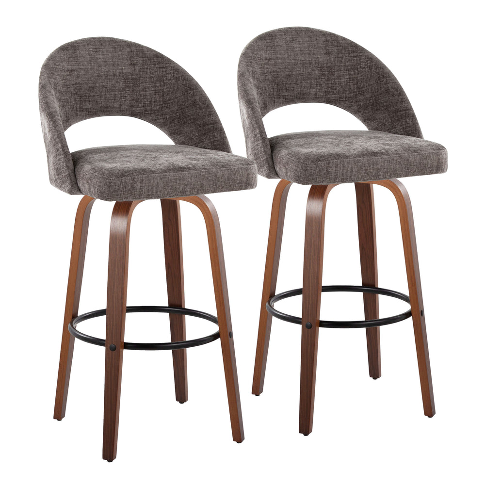 English Elm Fixed-height Mid-century Barstools with Walnut Legs and Grey Upholstered Seats Set B202S01932