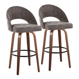 English Elm Fixed-height Mid-century Barstools with Walnut Legs and Grey Upholstered Seats Set B202S01932