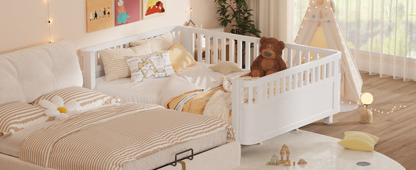 English Elm Queen Low Profile Pine Wood Kids Platform Bed with Guardrails and Rounded Safety Posts White W2593P409122