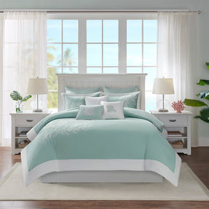JLA Home Harbor House Blue - Duvet Harbor House Aqua Coral Embroidered Cotton Jacquard Set with White Pieced Border, Ties 90 L x 90 W x 0.13H HH12-1542