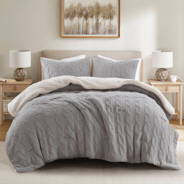 JLA Home Madison Park - Cable Chenille Comforter Set with Sherpa Reverse, Oeko-Tex Plush Cable-Knit Comfort & Durability Gray MP10-8892