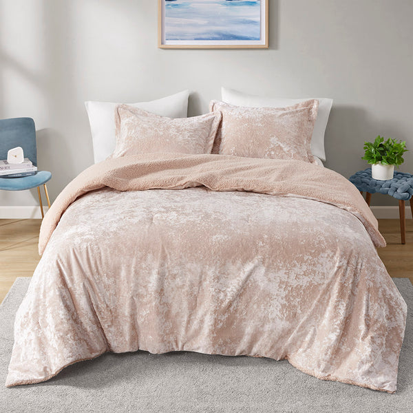 JLA Home Intelligent Design - Crushed Velvet Sherpa Reversible Comforter Set with Hypoallergenic Fill, OEKO‑TEX, Machine Washable Blush ID10-2267
