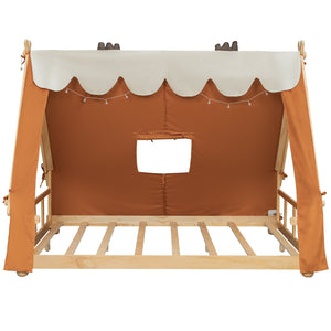 English Elm Twin Cabin Bed with Detachable Tent Skylight and Woodland Deer Antler Accents Brown N708P356717D