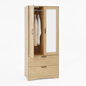 English Elm 2 Door Wardrobe Closet with Full Length Mirror Motion Light Hanging Rod and Drawers Natural W409P266780