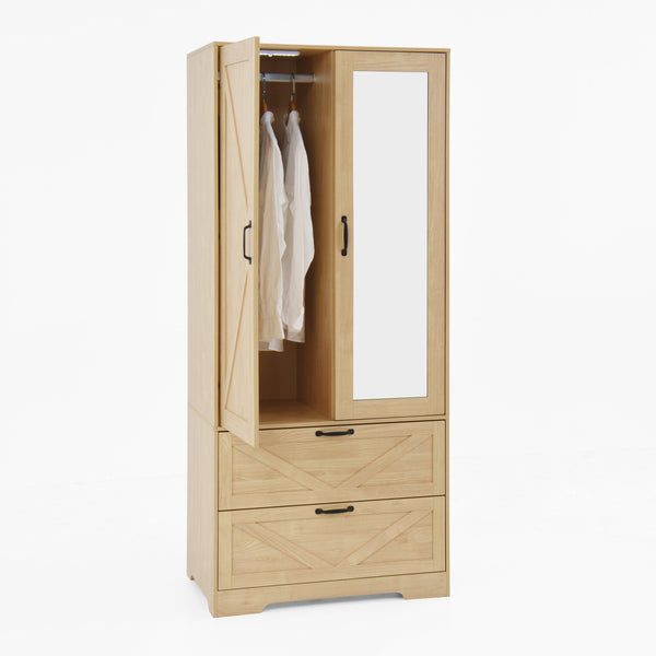 English Elm 2 Door Wardrobe Closet with Full Length Mirror Motion Light Hanging Rod and Drawers Natural W409P266780