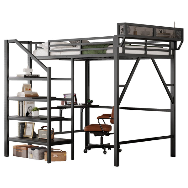 English Elm Full Size Metal Loft Bed with Foldable Desk Staircase Storage and Led Lighting W2580S00072