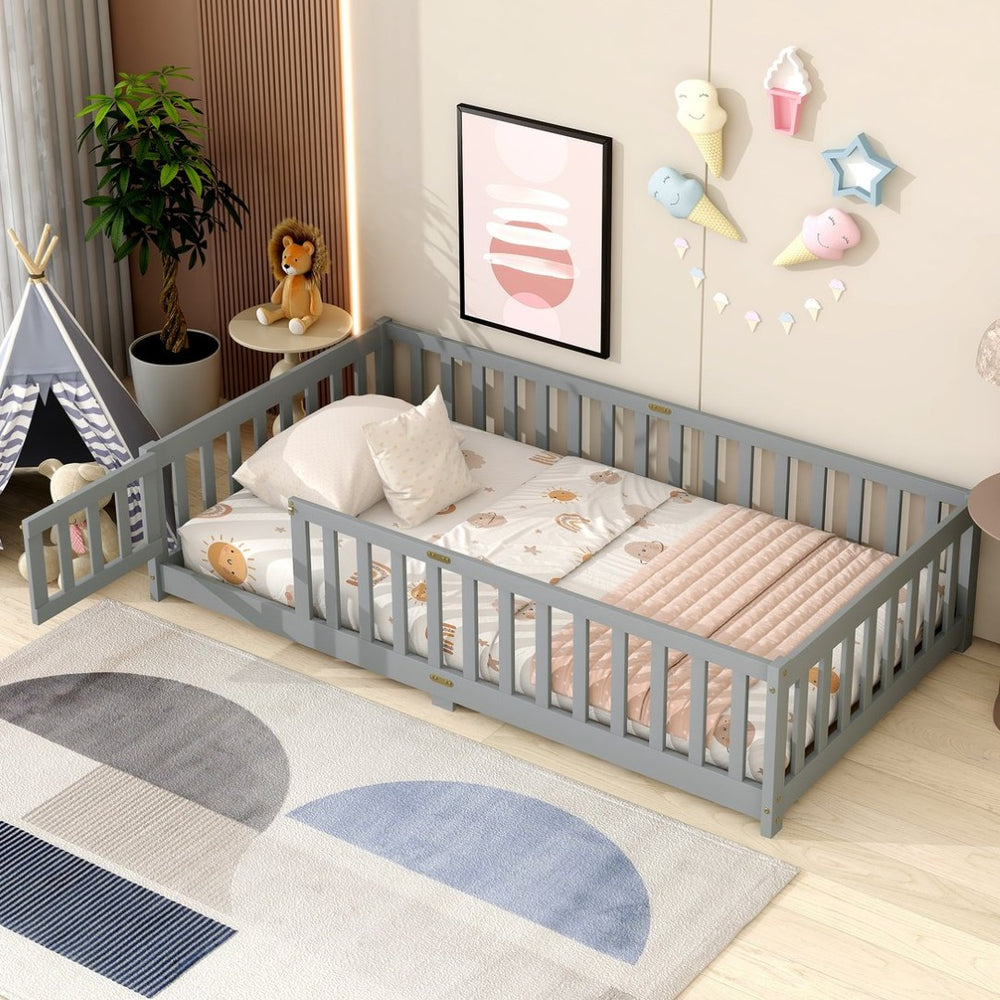 English Elm Twin Size Floor Bed With Built-In Fence & Door, Eco-Friendly Rubberwood Frame For Kids' Safety & Style W504P286372-GIGA
