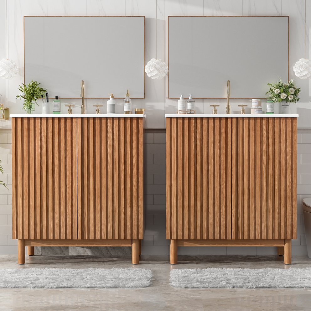 English Elm Modern 48 Inch Freestanding Bathroom Vanity Dual Ceramic Sinks Soft Close Gold Handles N729P000012O