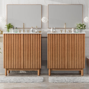 English Elm Modern 48 Inch Freestanding Bathroom Vanity Dual Ceramic Sinks Soft Close Gold Handles N729P000012O
