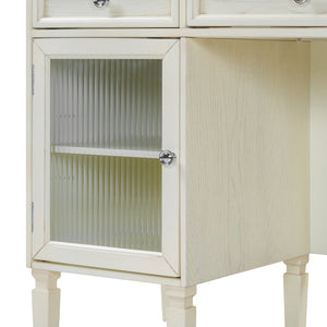English Elm 2-in-1 Vanity Desk with Flip Mirror and Ample Storage — White Oak Dressing Table & Workstation N844P292487E