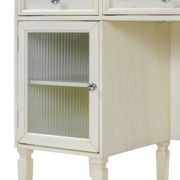 English Elm 2-in-1 Vanity Desk with Flip Mirror and Ample Storage — White Oak Dressing Table & Workstation N844P292487E