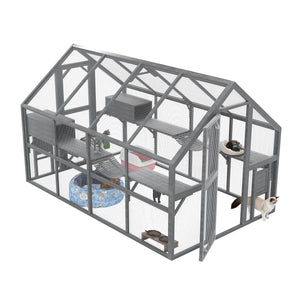 English Elm Cat, Cat Outdoor Wooden Enclosure with Seven Platforms Resting Boxes and Waterproof Canopy W1598S00040