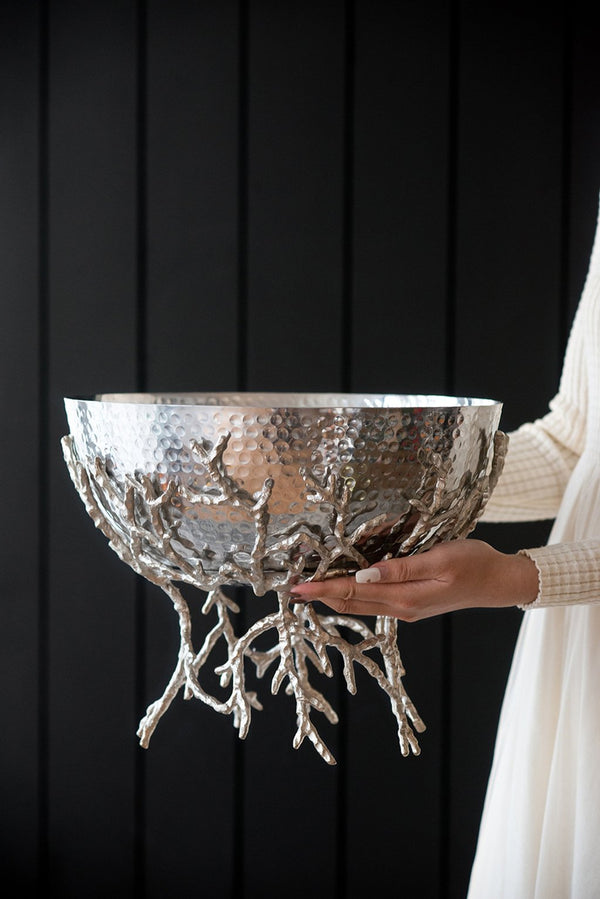 English Elm 14.2x14.2x10.8" Silver Aluminum Bowl Organic Twig Stand Sculptural Nickel Centerpiece W2078P489710