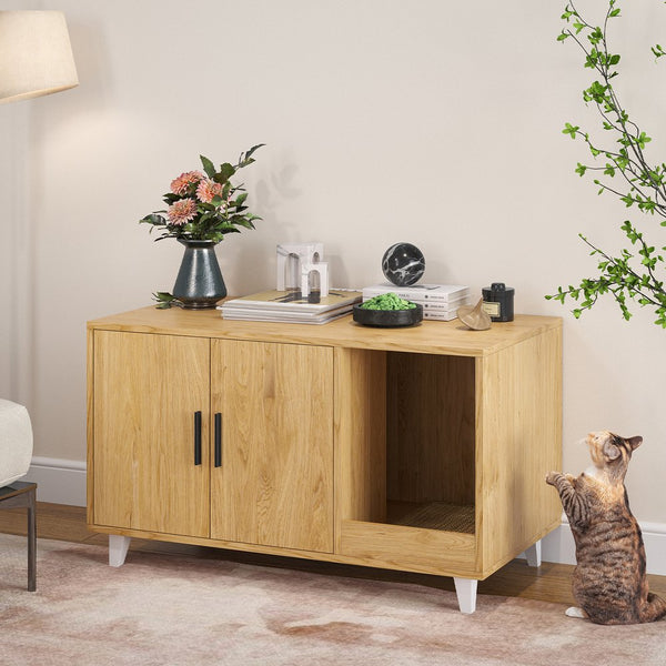 English Elm STARY Hidden Cat Litter Box Enclosure Furniture with Scratch Pad, Odor-Control, Sturdy 120LB Load Natural T3623P339385