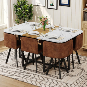 English Elm 7-piece Melamine Dining Set with Pu Cushioned Chairs and Iron Frame for Small Spaces W3875S00120