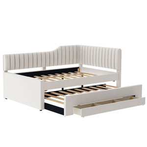 English Elm Full Upholstered Daybed with Trundle and Three Drawers, Linen-Blend Fabric, Space-Saving Guest Bed, Storage-Friendly Design Beige DL002058AAA