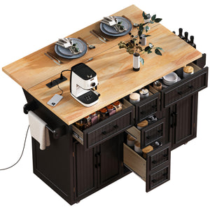 English Elm K&k Farmhouse Rolling Kitchen Island Drop Leaf Power Outlet Five Drawers Cabinet Storage Black N707S263094B
