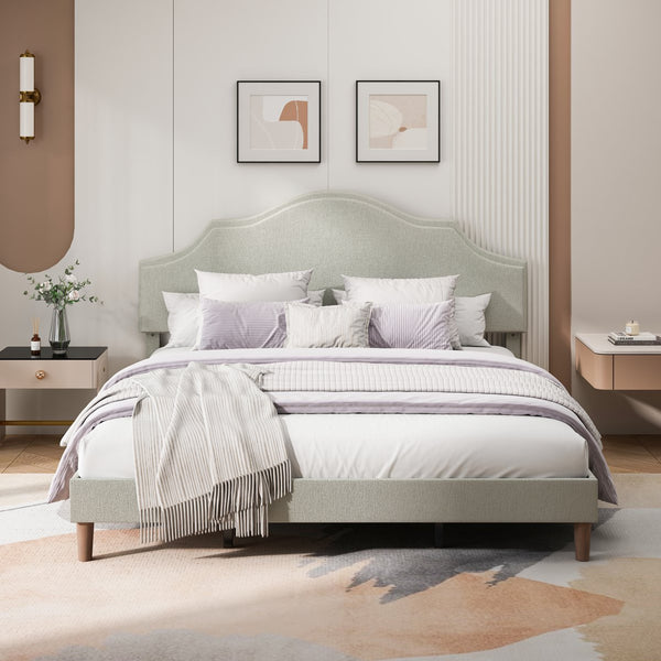 English Elm King Upholstered Platform Bed Frame King Size Linen Fabric Padded Headboard Adjustable 32.87"-37" Beige Modern Sturdy 1000lb Capacity W1716P280530