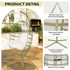 English Elm Egg Hanging Chair with Stand Pe Rattan Swing Seat Washable Cushion Patio Bedroom T5880P497436