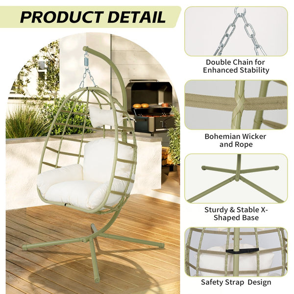 English Elm Egg Hanging Chair with Stand Pe Rattan Swing Seat Washable Cushion Patio Bedroom T5880P497436