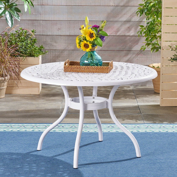 English Elm Christopher Knight Home® - PHOENIX Cast Aluminum 48in Round Patio Dining Table with Lattice Scrollwork and Umbrella Hole White 49.25 L x 49.25 W x 5.25 H 54588.00WHI
