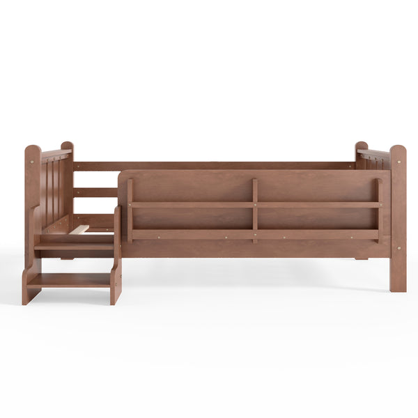 English Elm Twin Pine Floor Bed for Kids with Side Bookcases Built-in Stairs and Safety Guardrails Natural W1580P390215