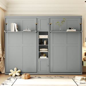 English Elm Dual Twin Murphy Beds with Built-In Cabinets & Shelves for Space-Saving Guest Rooms and Studios Gray N820S00058E