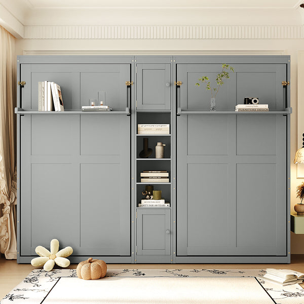English Elm Dual Twin Wall Murphy Beds with Storage Tower Shelves for Kids or Guest Rooms Gray N820S00058E-1