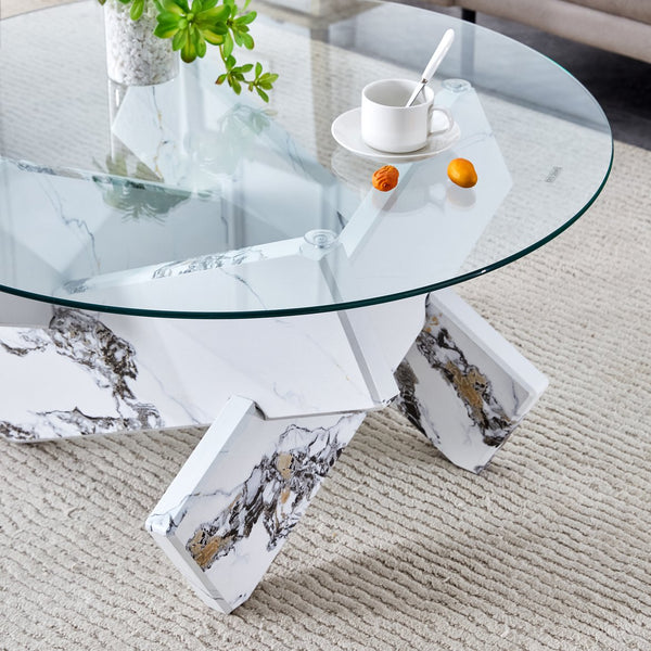 English Elm Round Tempered Glass Coffee Table with Sculptural Mdf Base for Modern Living Rooms White W1151P180316