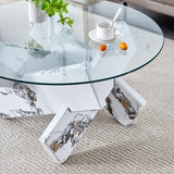 English Elm Round Glass Coffee Table, 33.4 "Modern Design Unique Coffee Table. Tempered Glass Countertop With White Patterned Mdf Legs. Suitable For Living and Dining Rooms