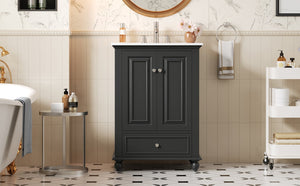 English Elm 24'' French Style Bathroom Vanity with Ceramic Sink Soft Close Cabinet and Drawer Black N710P411227B