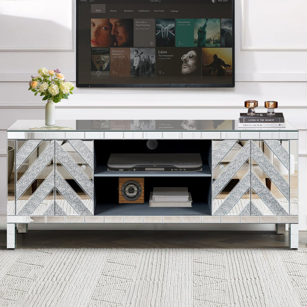 English Elm Mirrored Tv Stand For 65+ Inch Tvs - Glamorous Silver Console With Open Shelves & Stylish Cabinets W1445P204028
