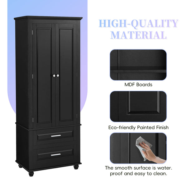 English Elm Tall Slim Storage Cabinet with Adjustable Shelves, 2 Drawers & Doors, Anti-Tip Design for Bathroom Black WF299284AAB