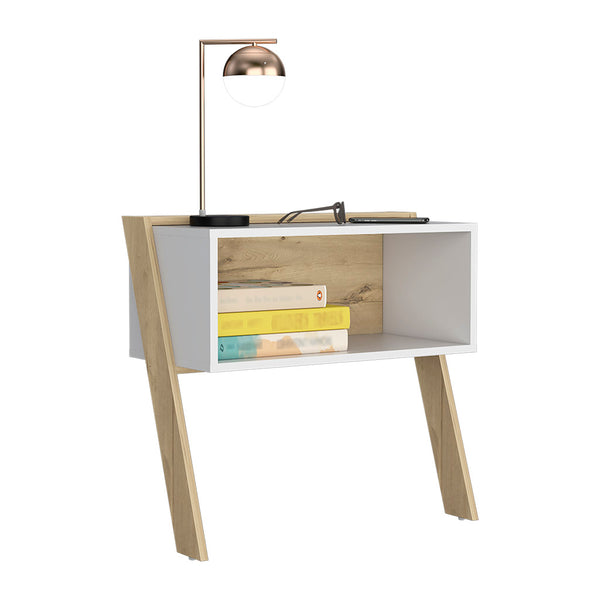 English Elm Nightstand For Small Spaces - Modern Light Oak & White Design With Open Shelf For Stylish Storage B097133058